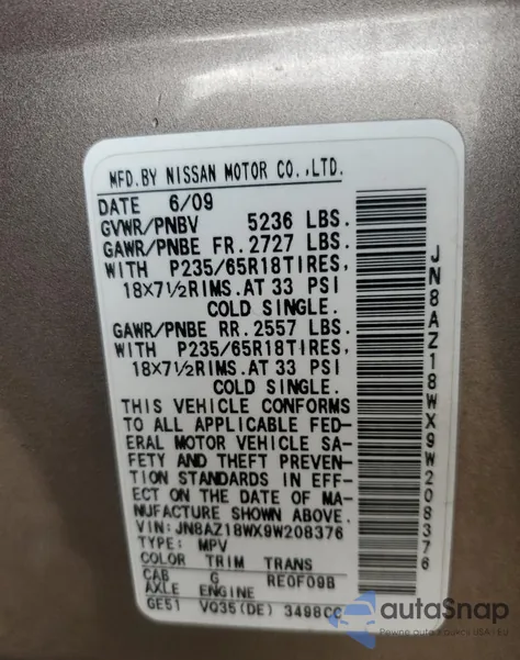 2009 Nissan Murano S from USA, damaged, VIN JN8AZ18WX9W208376